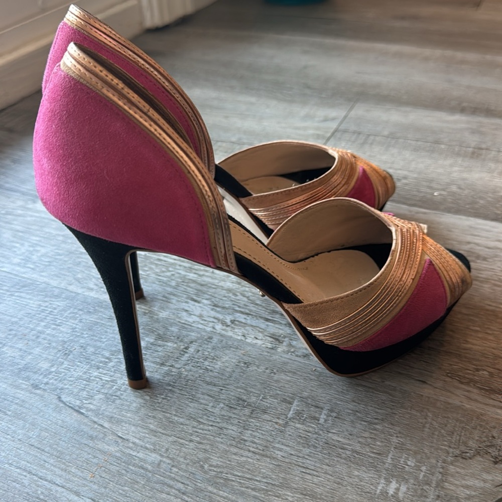 Imported from Brazil, Rose Gold, Pink& Black Suede, Open Toed Pumps - Picture 5 of 6